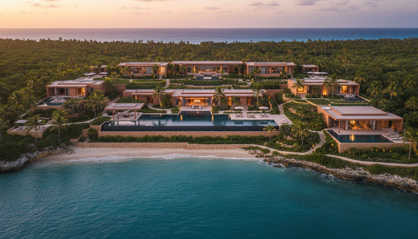 VOVO luxury wellness resort aerial view with infinity pool overlooking the Caribbean ocean