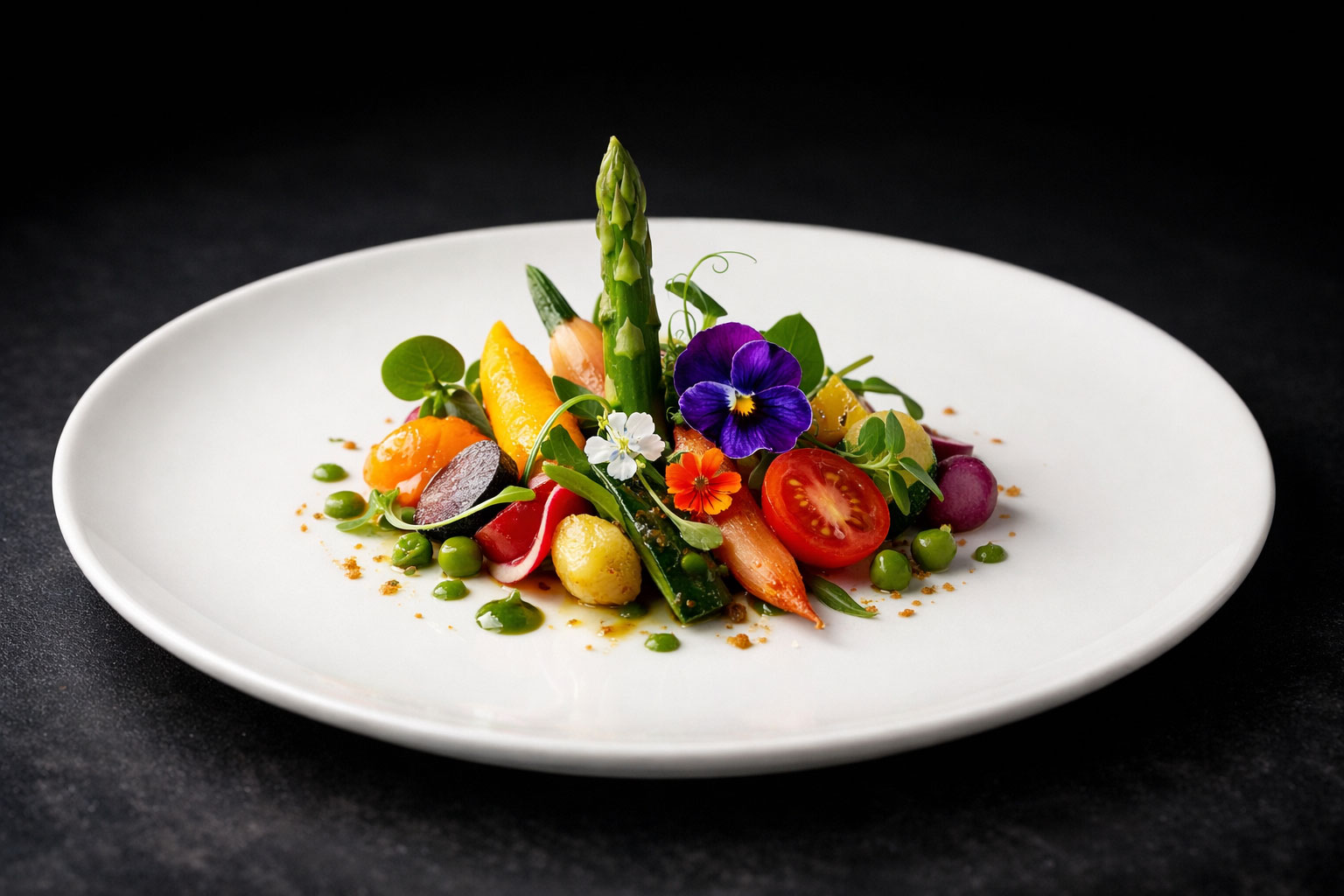 Elevated fine dining dish with organic vegetables on minimalist ceramic plate