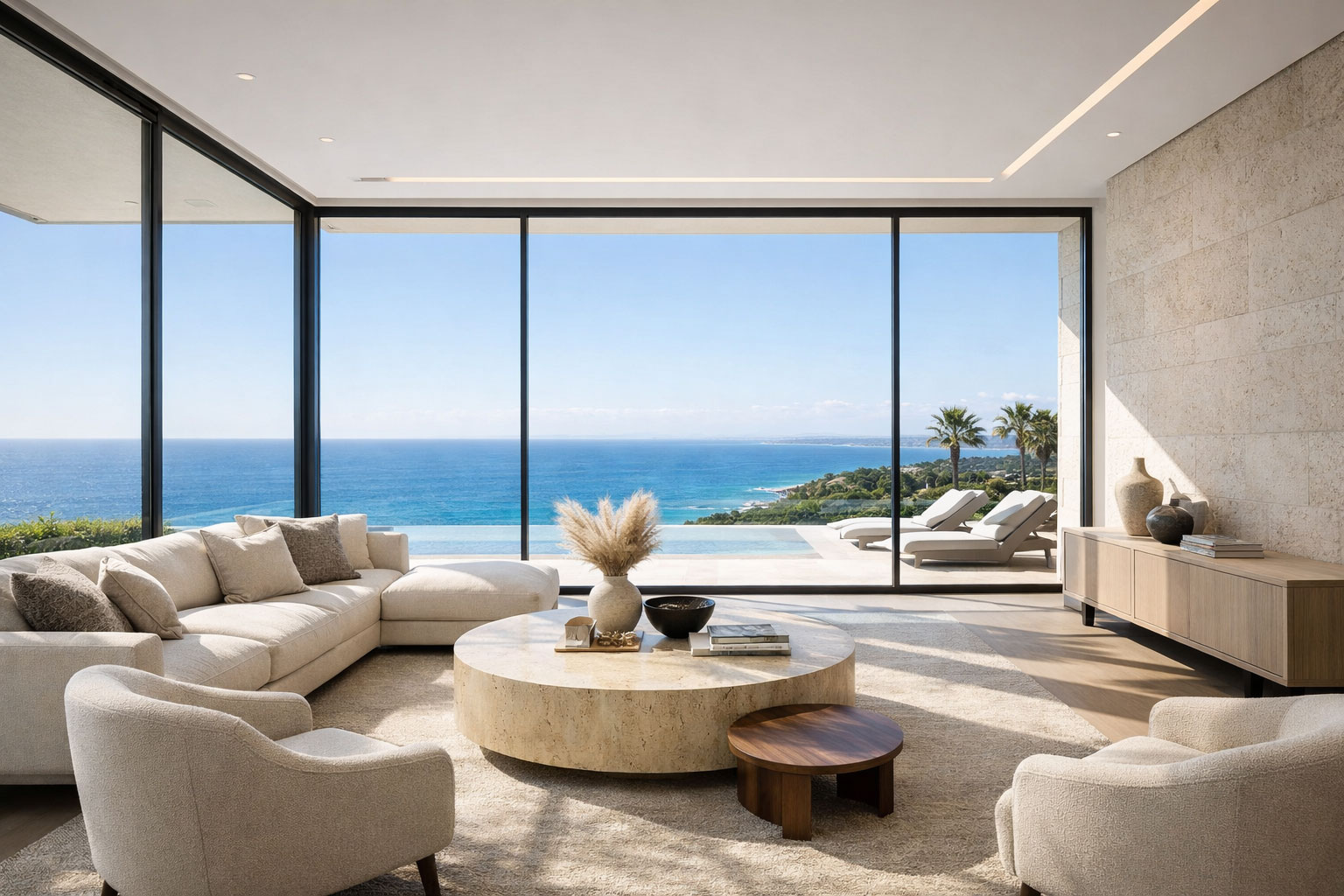 Luxury modern residence interior with panoramic ocean view