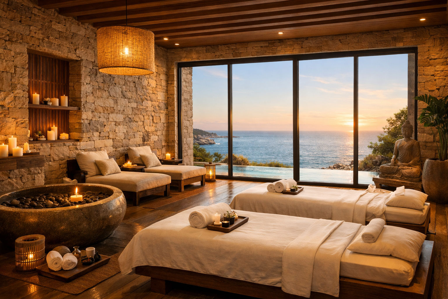 VOVO wellness spa interior with natural stone and ocean views