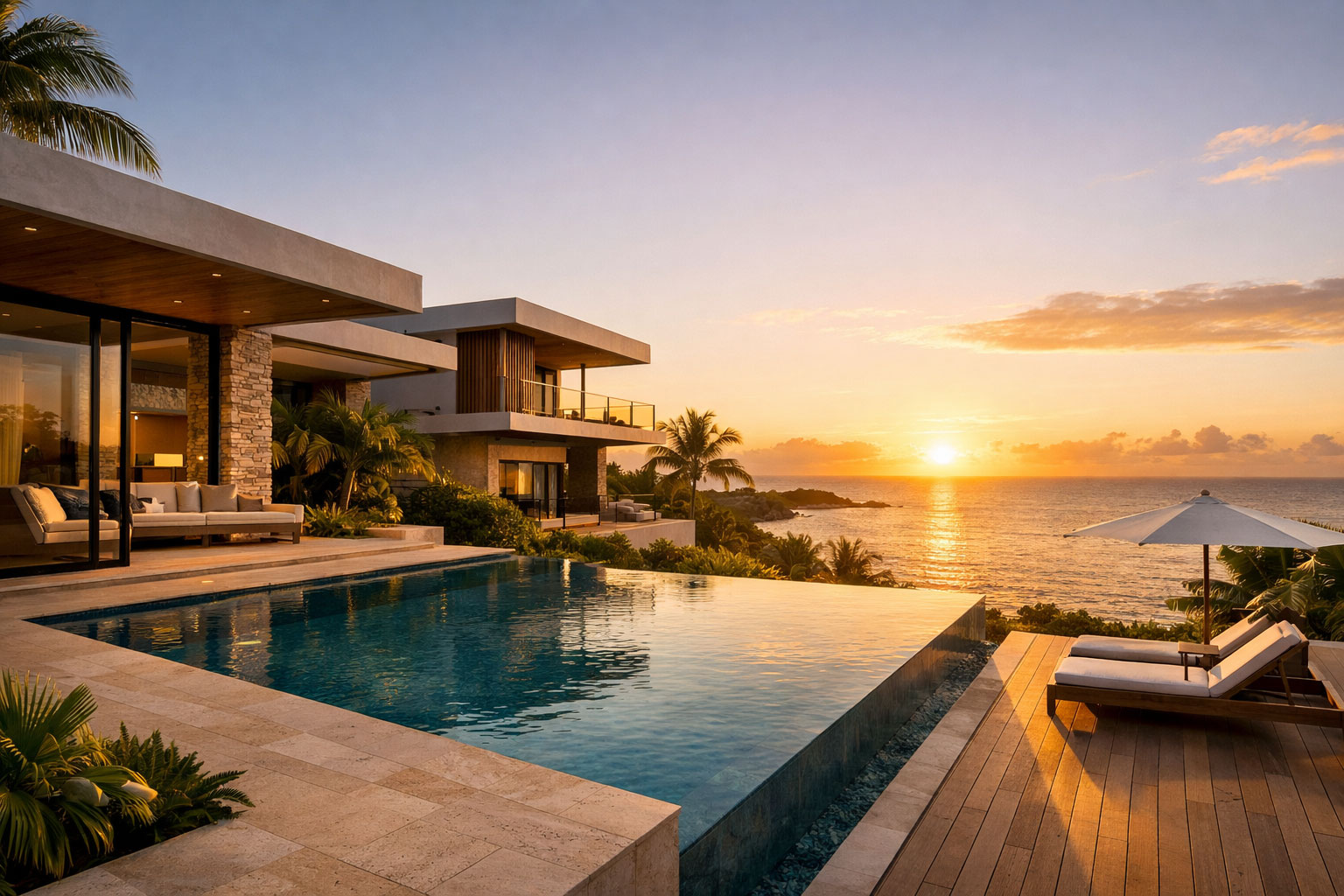 Modern minimalist architecture villa with infinity pool overlooking Caribbean ocean