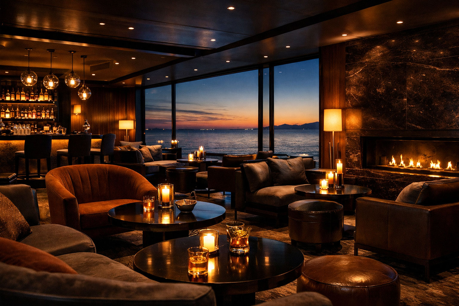 Exclusive private members lounge with ocean twilight view