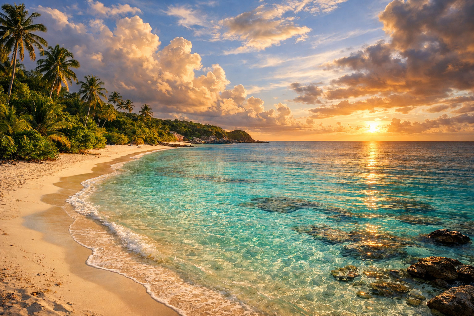 Pristine Caribbean coastline at golden hour with crystal clear water