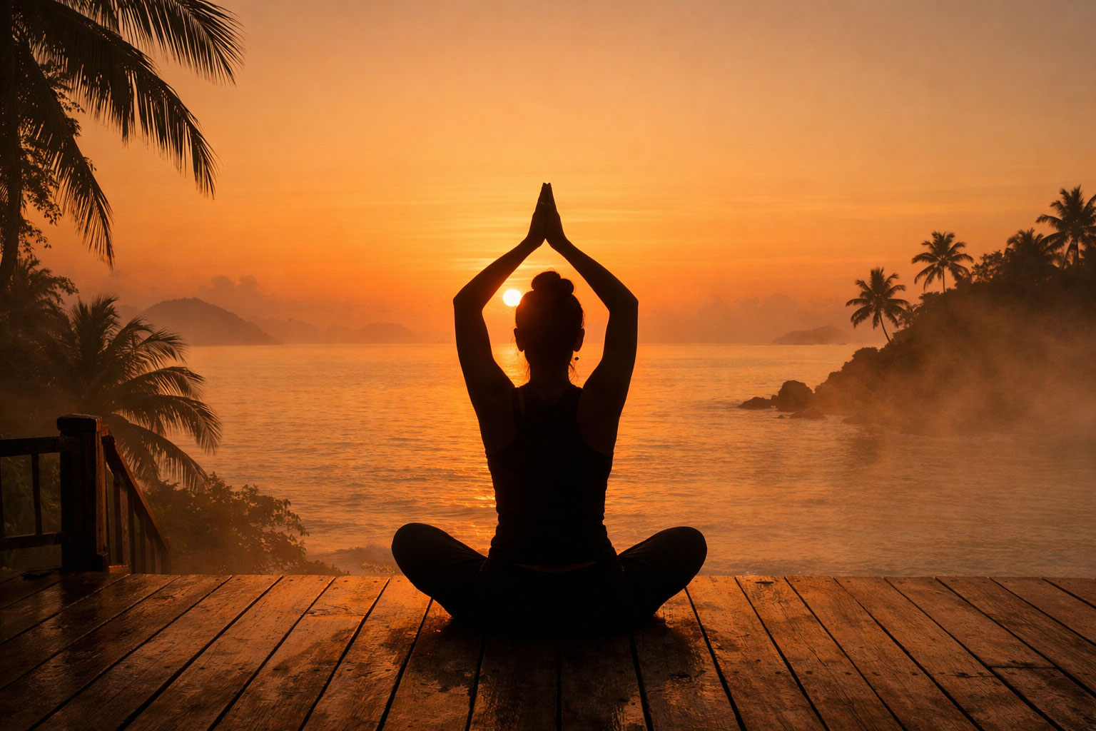 Person doing sunrise yoga on wooden deck overlooking misty tropical ocean